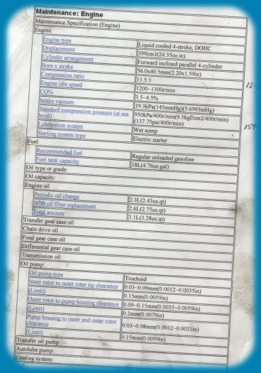 Yamaha factory specification sheet, page 1