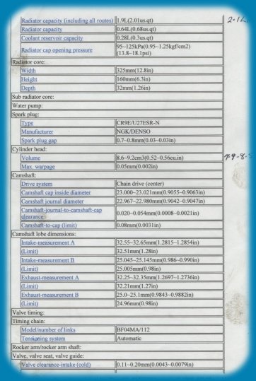 Yamaha factory specification sheet, page 2
