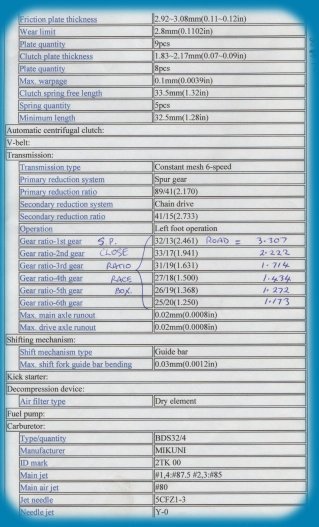 Yamaha factory specification sheet, page 5